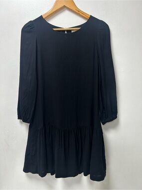 Meadow Rue Anthropologie Black Babydoll Mini Dress Puff Sleeve Tiered Hem Size 4